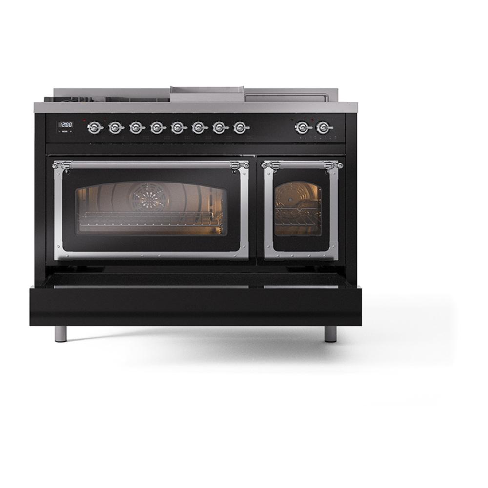 Ilve UN48FSNMPBKCLP Ilve Un48Fsnmpbkclp Nostalgie Ii Noblesse 48" Dual Fuel Range (5 Sealed Burners + Griddle + French Top, Liquid Propane, Triple Glass Door, Glossy Black, Chrome)