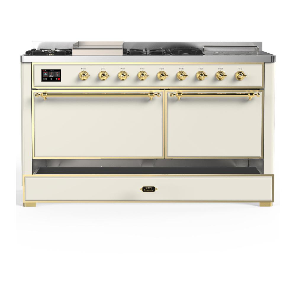 Ilve UM60FSQNR3AWG Ilve Um60Fsqnr3Awg Majestic Iii 60 Inch Dual Fuel Range With 7 Burners, Griddle And French Top, Dual Function Burner With Up To 25,000 Btu (Natural Gas, Solid Door, Antique White, Brass)