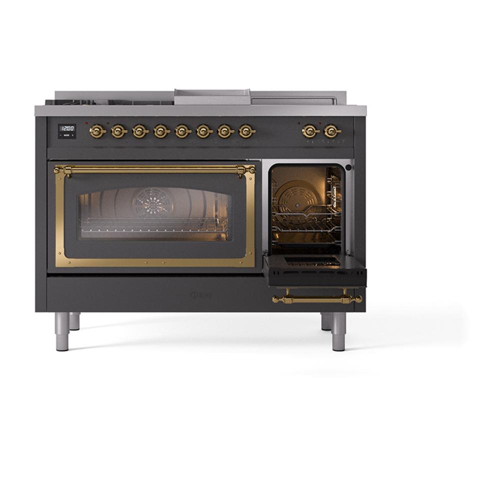 Ilve UN48FSNMPMGG Ilve Un48Fsnmpmgg Nostalgie Ii Noblesse 48" Dual Fuel Range (5 Sealed Burners + Griddle + French Top, Natural Gas, Triple Glass Door, Graphite Matte, Brass)