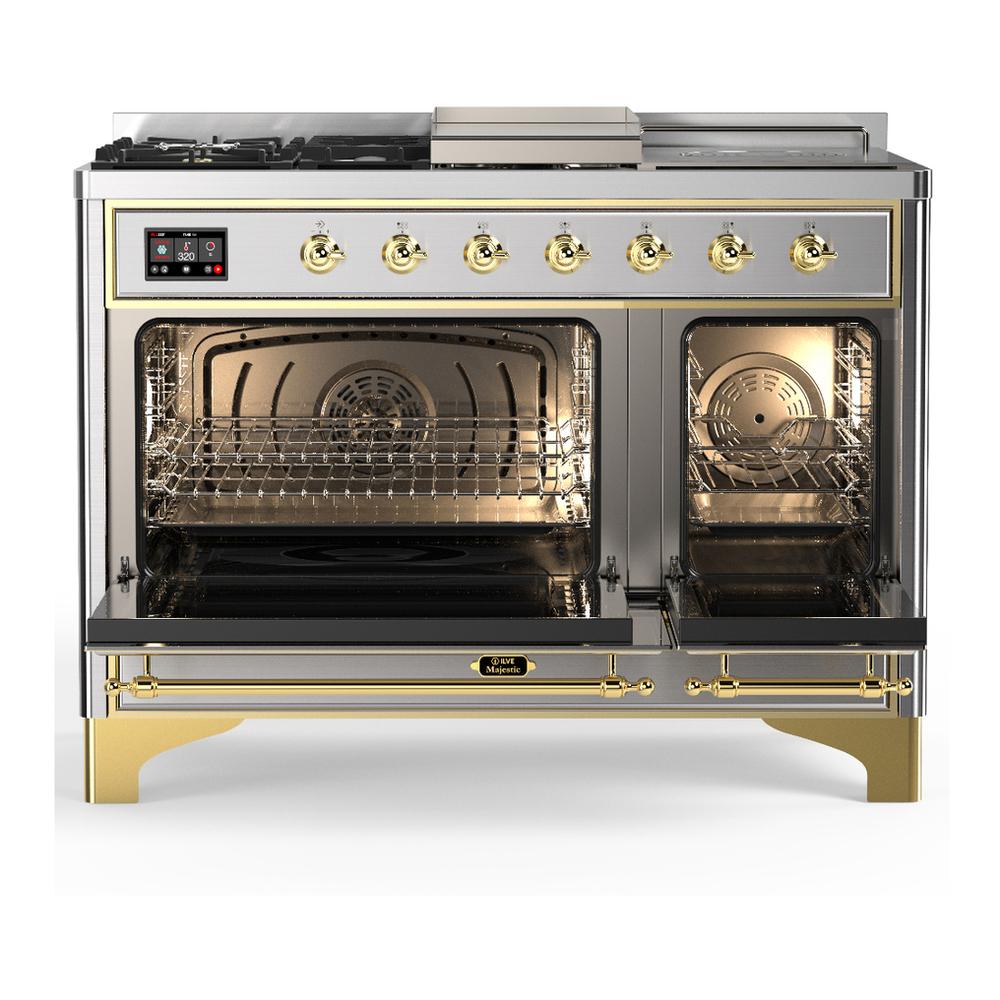Ilve UM48FSQNR3SSGLP Ilve Um48Fsqnr3Ssglp Majestic Iii 48 Inch Dual Fuel Range With 5 Black Brass Burners, Griddle And French Top, Dual Function Burner Up To 25,000 Btu (Liquid Propane, Solid Door, Stainless Steel, Brass)
