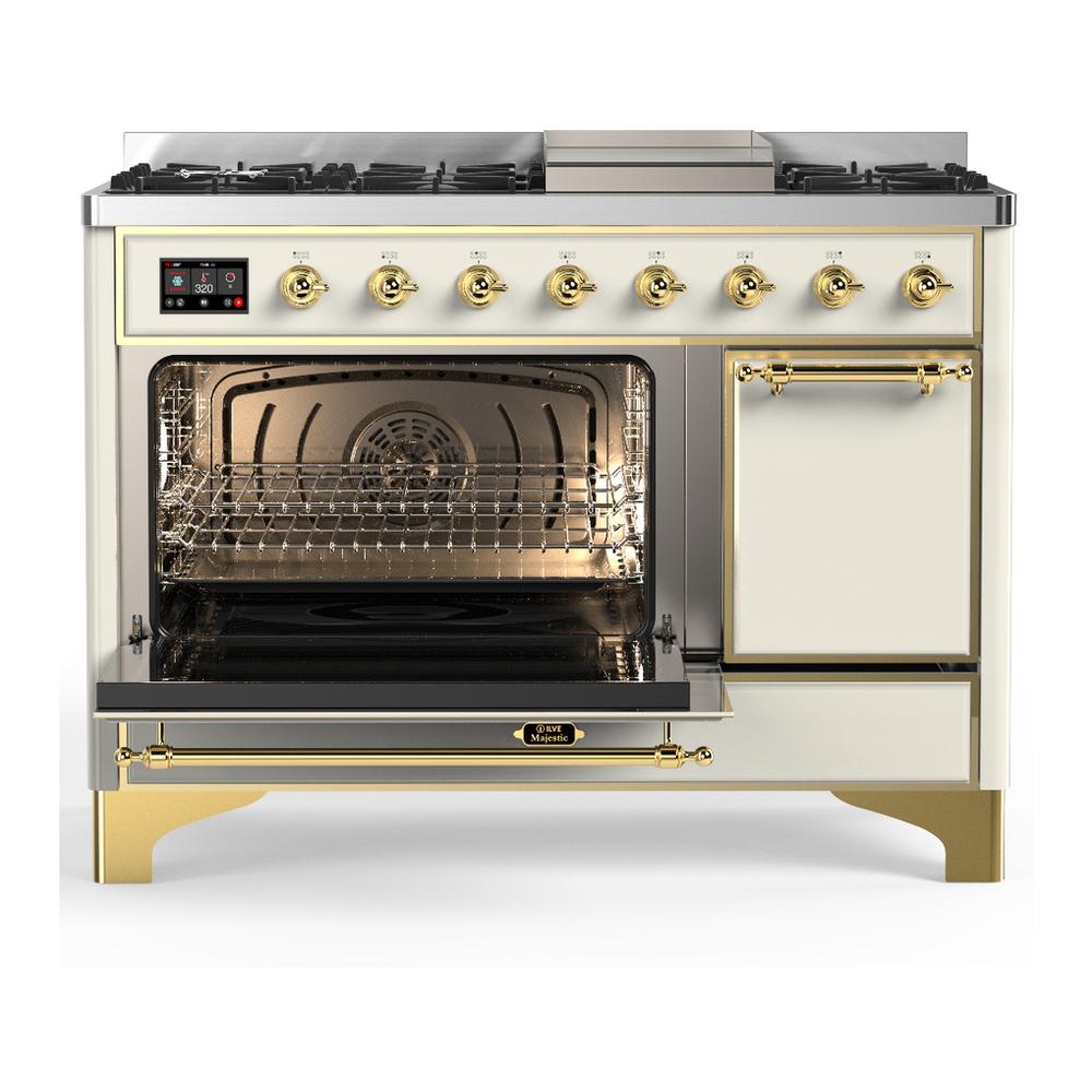 Ilve UM48FQNR3AWG Ilve Um48Fqnr3Awg Majestic Iii 48 Inch Dual Fuel Range With 8 Burners And Griddle, Dual Function Burner Up To 25,000 Btu (Natural Gas, Solid Door, Antique White, Brass)