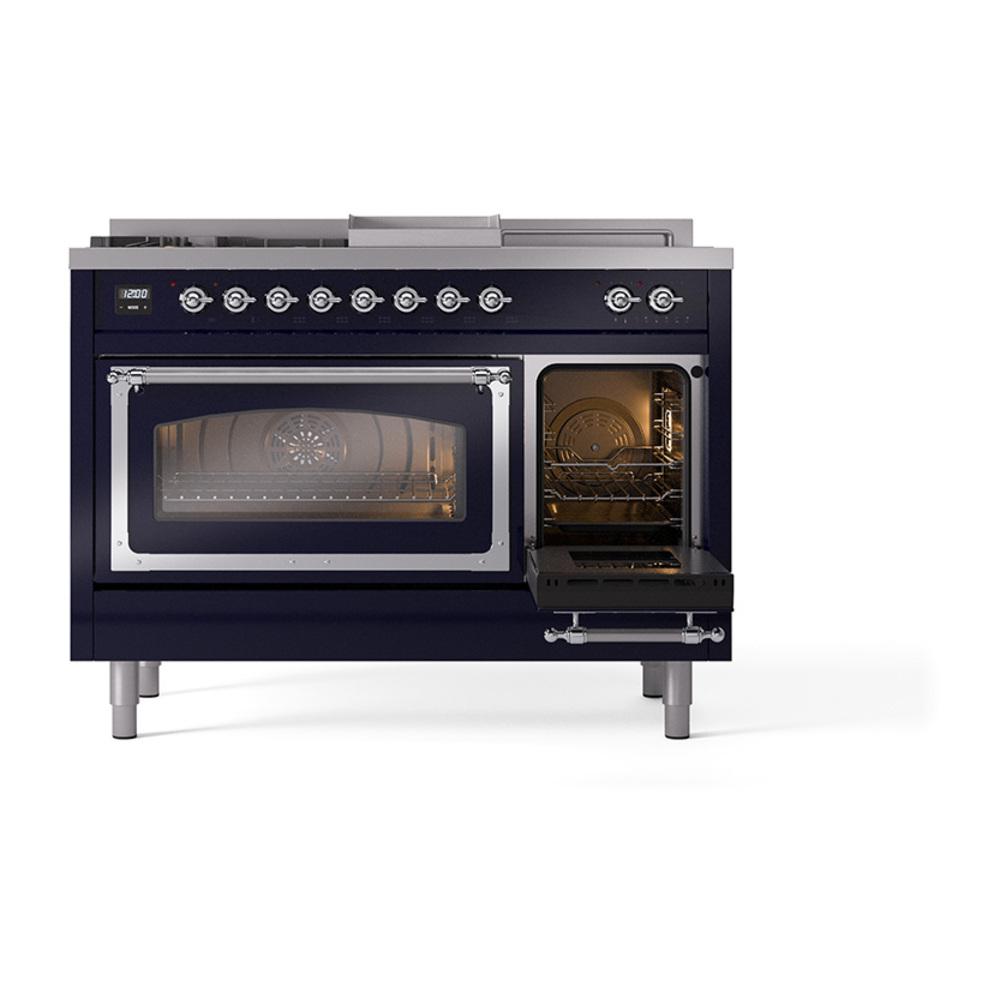 Ilve UN48FSNMPMBCLP Ilve Un48Fsnmpmbclp Nostalgie Ii Noblesse 48" Dual Fuel Range (5 Sealed Burners + Griddle + French Top, Liquid Propane, Triple Glass Door, Midnight Blue, Chrome)