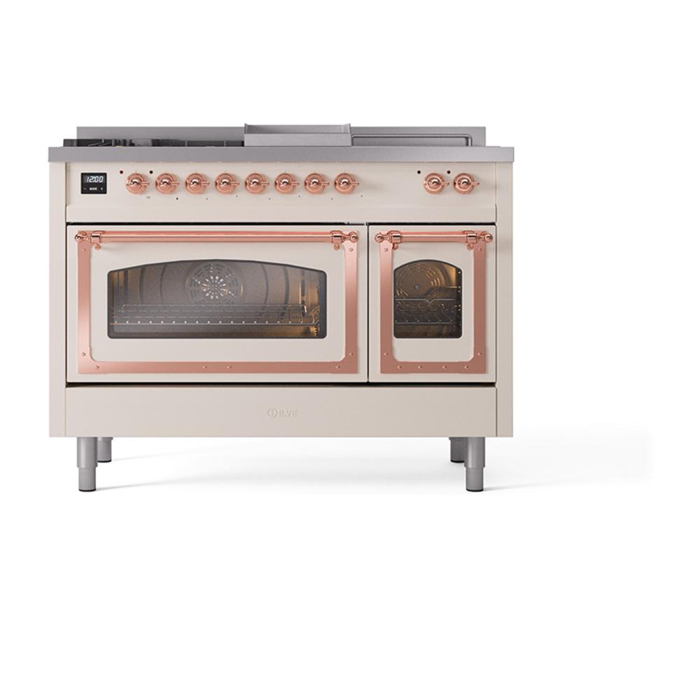 Ilve UN48FSNMPAWPLP Ilve Un48Fsnmpawplp Nostalgie Ii Noblesse 48" Dual Fuel Range (5 Sealed Burners + Griddle + French Top, Liquid Propane, Triple Glass Door, Antique White, Copper)