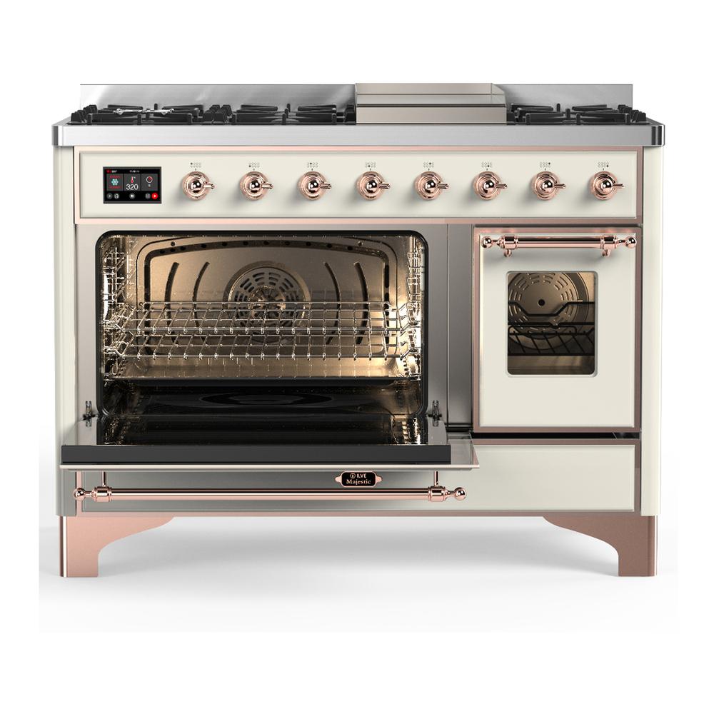 Ilve UM48FNR3AWP Ilve Um48Fnr3Awp Majestic Iii 48 Inch Dual Fuel Range With 8 Burners And Griddle, Dual Function Burner Up To 25,000 Btu (Natural Gas, Triple Glass Door, Antique White, Copper)