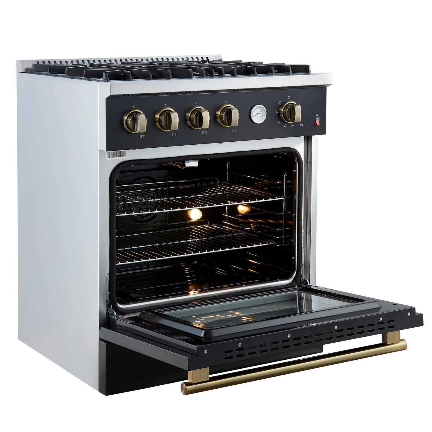Forno FFSGS627730BLK Marco 30-Inch Gas Range Black & Antique Brass Design, 4 Burners 37,000 Btu, 4.32 Cu.Ft. Convection Oven