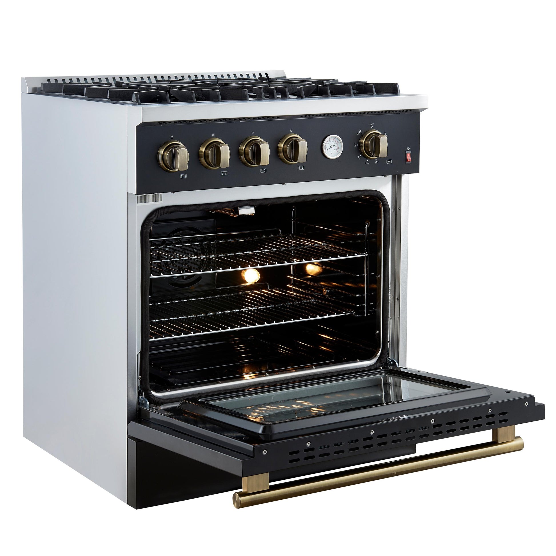 Forno FFSGS627730BLK Marco 30-Inch Gas Range Black & Antique Brass Design, 4 Burners 37,000 Btu, 4.32 Cu.Ft. Convection Oven