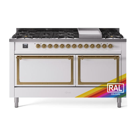 Ilve UN60FQNMPRAG Ilve Un60Fqnmprag Nostalgie Ii Noblesse 60" Dual Fuel Range (9 Sealed Burners + Griddle, Natural Gas, Solid Door, Ral, Brass)