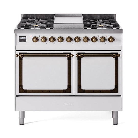 Ilve UND40FQNMPWHB Ilve Und40Fqnmpwhb Nostalgie Ii Noblesse 40" Dual Fuel Range (Natural Gas, Solid Door, White, Burnished)