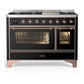 Ilve UM48FNR3BKP Ilve Um48Fnr3Bkp Majestic Iii 48 Inch Dual Fuel Range With 8 Burners And Griddle, Dual Function Burner Up To 25,000 Btu (Natural Gas, Triple Glass Door, Glossy Black, Copper)