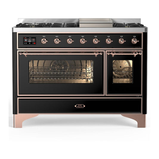 Ilve UM48FNR3BKP Ilve Um48Fnr3Bkp Majestic Iii 48 Inch Dual Fuel Range With 8 Burners And Griddle, Dual Function Burner Up To 25,000 Btu (Natural Gas, Triple Glass Door, Glossy Black, Copper)