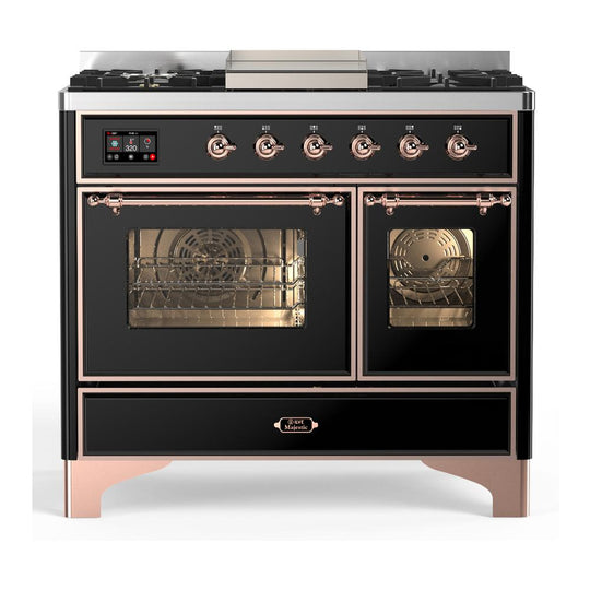 Ilve UMD40FNR3BKPLP Ilve Umd40Fnr3Bkplp Majestic Iii 40 Inch Dual Fuel Range With 6 Burners And Griddle, Dual Function Burner Up To 25,000 Btu (Liquid Propane, Triple Glass Door, Glossy Black, Copper)