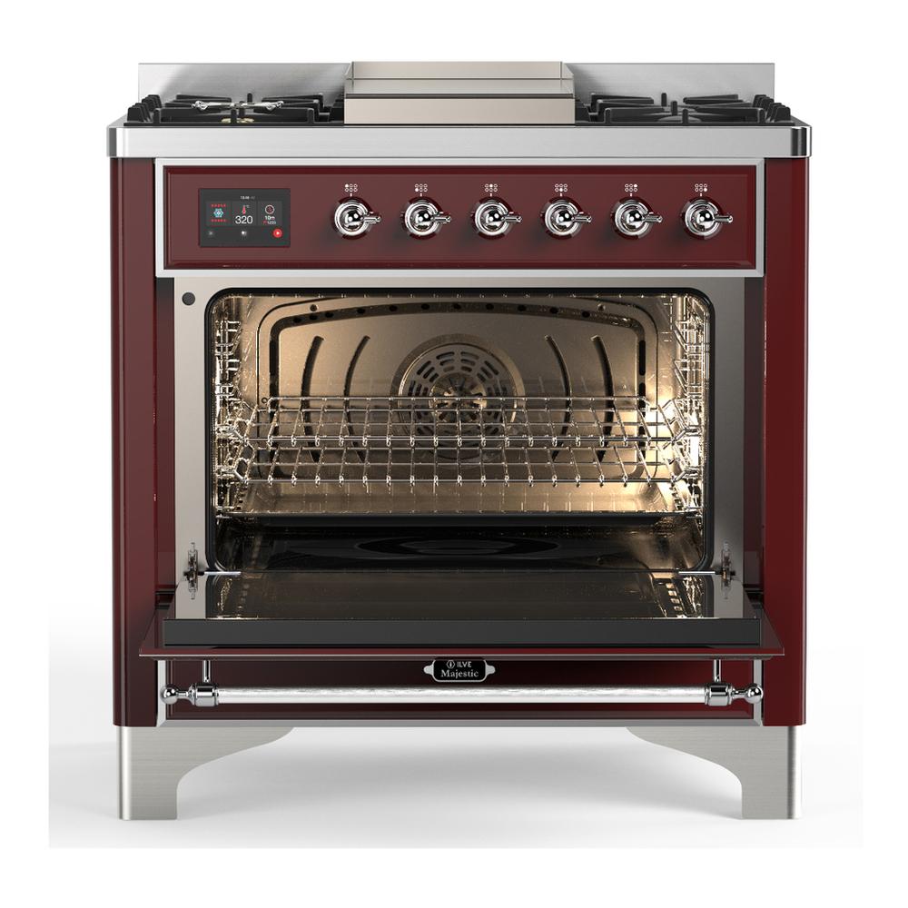 Ilve UM36FNR3BUC Ilve Um36Fnr3Buc Majestic Iii 36 Inch Dual Fuel Range With 6 Black Brass Burners And Griddle, Dual Function Burner Up To 25,000 Btu (Triple Glass Door, Burgundy, Chrome, Natural Gas)