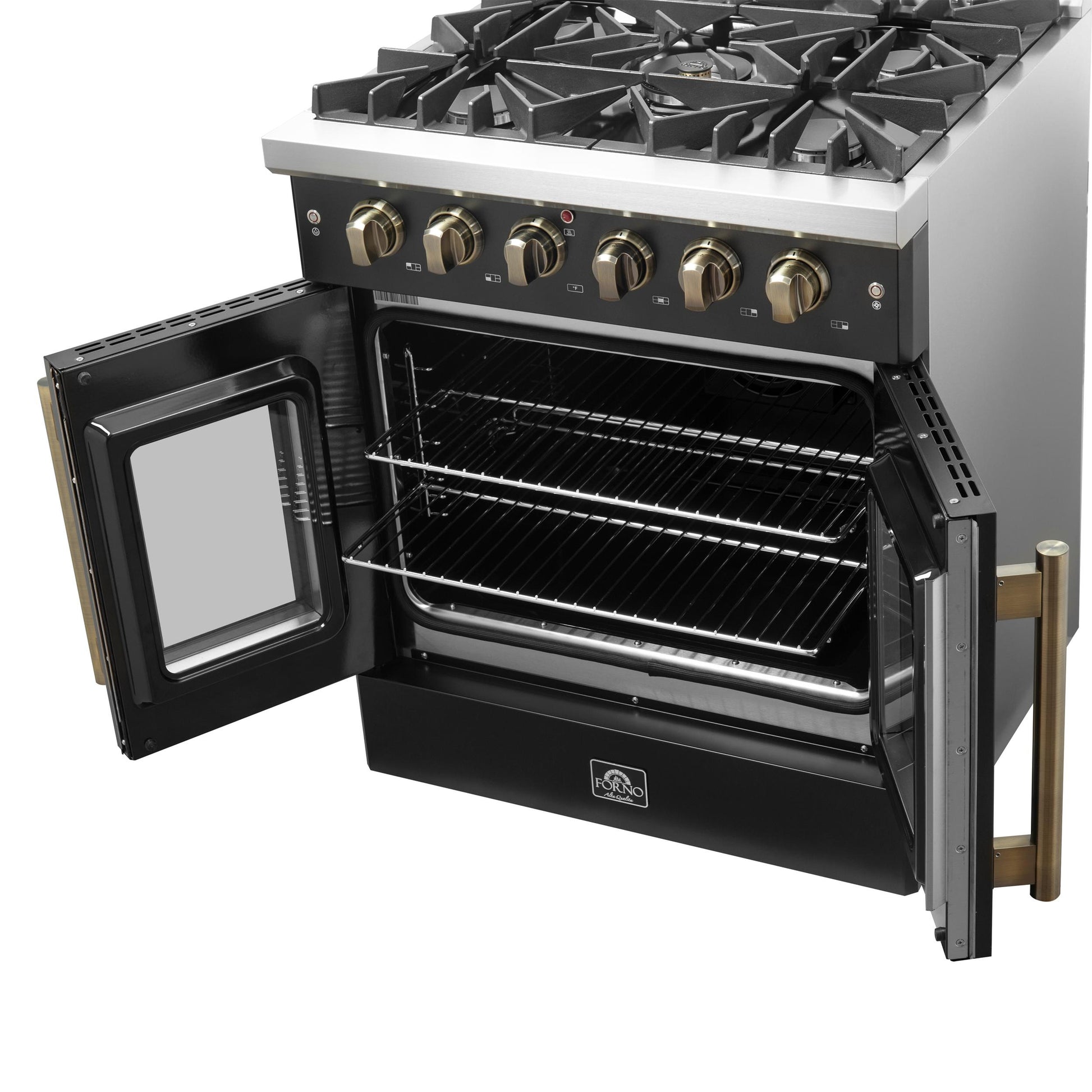 Forno FFSGS644430BLK Forno Galiano 30-Inch French Door Gas Range Black And Antique Brass Design, 5 Sealed Burners 68,000 Btu, 4.32 Cu.Ft. Convection Oven