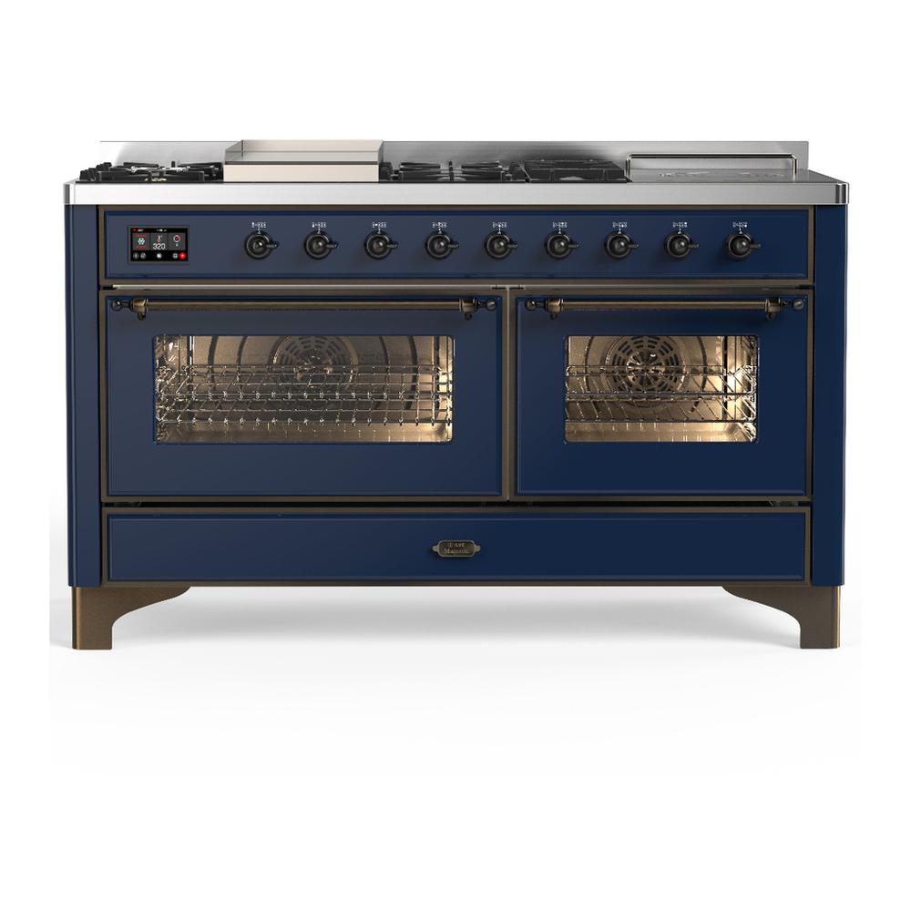 Ilve UM60FSNR3MBB Ilve Um60Fsnr3Mbb Majestic Iii 60 Inch Dual Fuel Range With 7 Burners, Griddle And French Top, Dual Function Burner With Up To 25,000 Btu (Natural Gas, Triple Glass Door, Midnight Blue, Burnished)