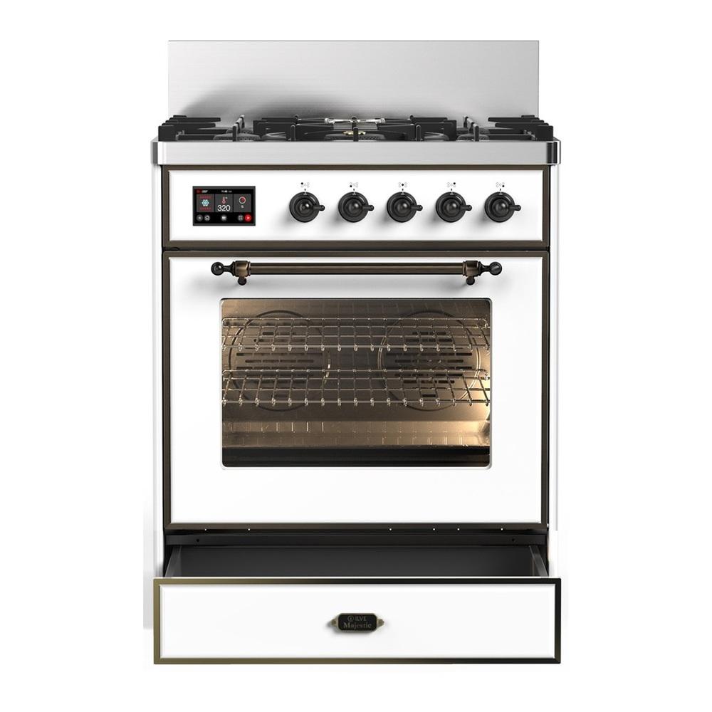 Ilve UM30NR3WHB Ilve Um30Nr3Whb Majestic Iii 30 Inch Dual Fuel Range With 5 Black Brass Burners, Dual Function Burner Up To 25,000 Btu (Natural Gas, Triple Glass Door, White, Burnished)