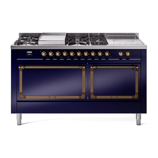 Ilve UN60FSQNMPMBBLP Ilve Un60Fsqnmpmbblp Nostalgie Ii Noblesse 60" Dual Fuel Range (7 Sealed Burners + Griddle + French Top, Liquid Propane, Solid Door, Midnight Blue, Burnished)
