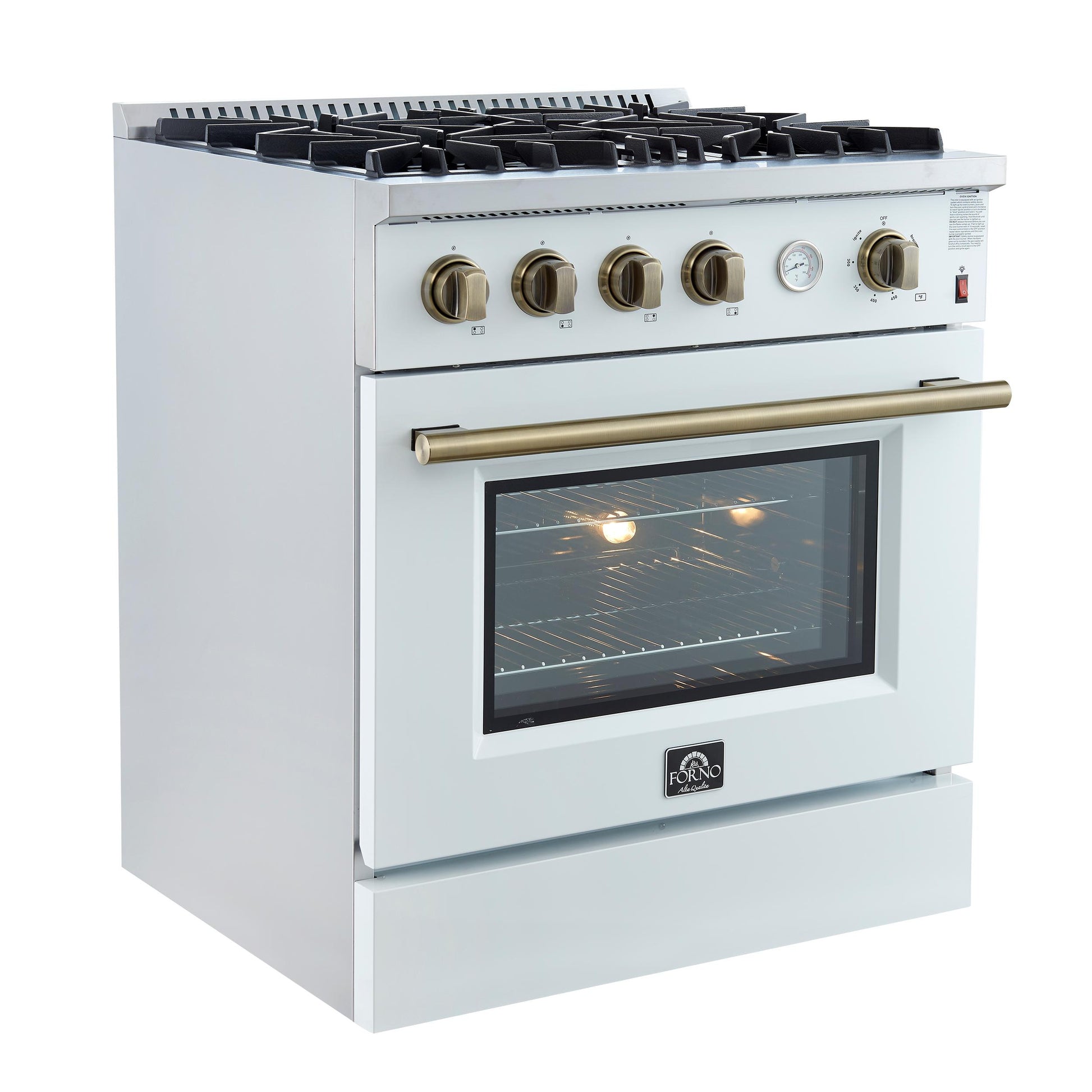 Forno FFSGS627730WHT Marco 30-Inch Gas Range White & Antique Brass Design, 4 Burners 37,000 Btu, 4.32 Cu.Ft. Convection Oven