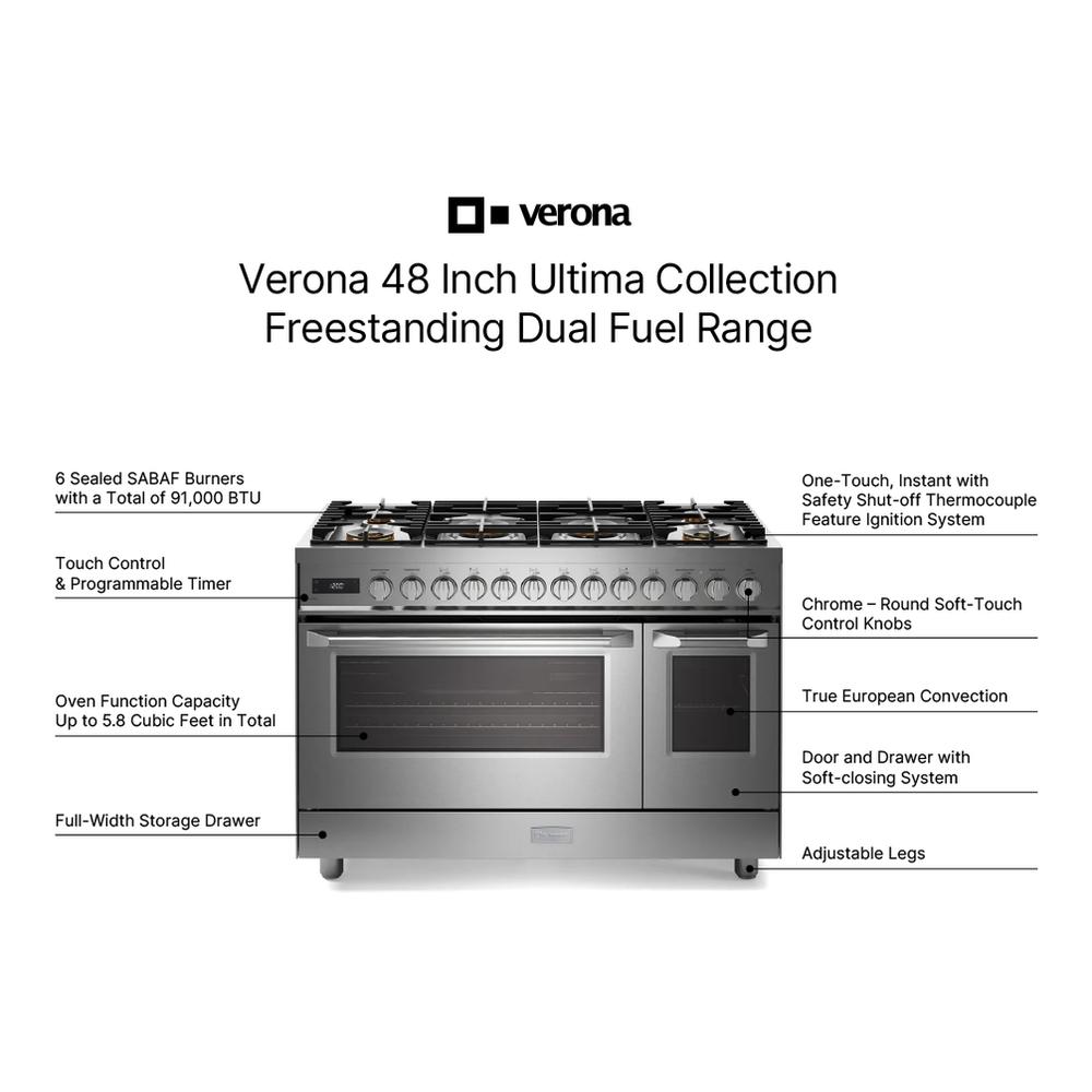 Verona VUFSGE486DSS Verona Vufsge486Dss 48 Inch Ultima Collection Dual Fuel Range With 6 Brass Sealed Burners, 5.8 Cu. Ft. Oven Capacity, Digital Clock In Stainless Steel