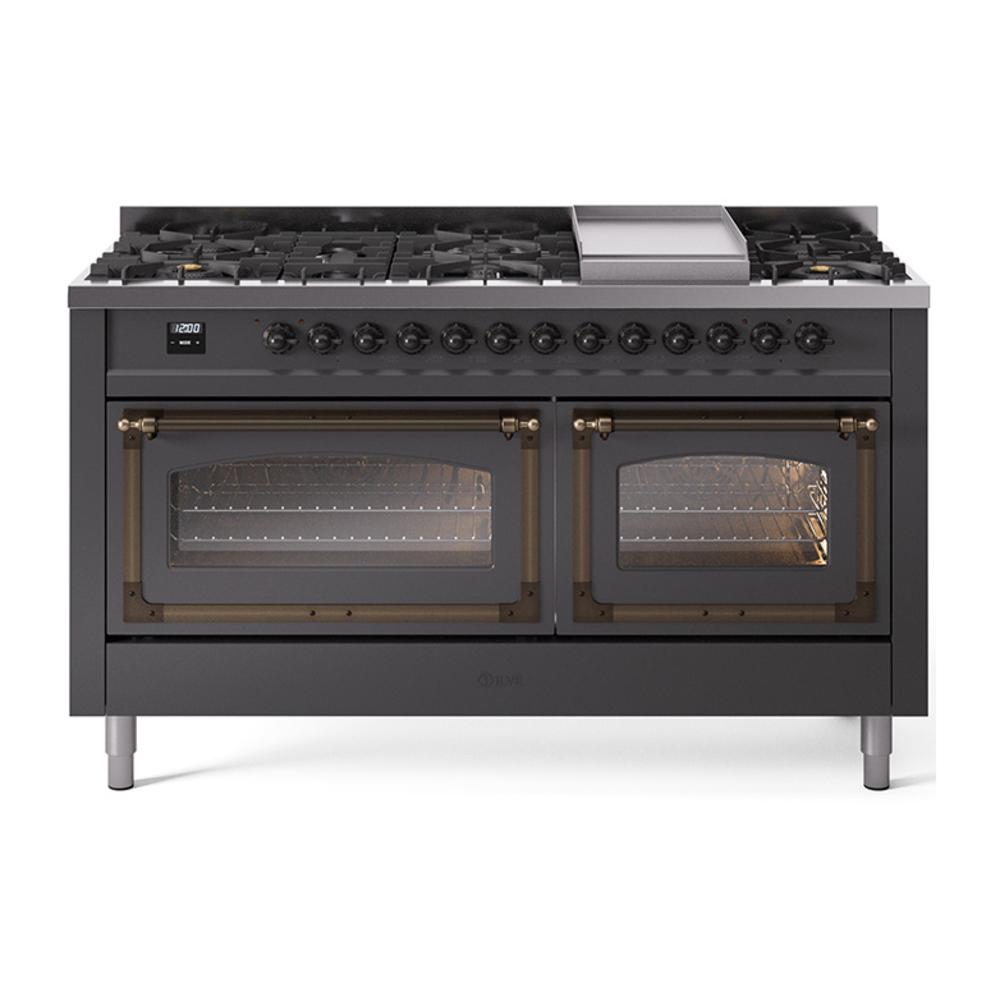 Ilve UN60FNMPMGBLP Ilve Un60Fnmpmgblp Nostalgie Ii Noblesse 60" Dual Fuel Range (9 Sealed Burners + Griddle, Liquid Propane, Triple Glass Door, Graphite Matte, Burnished)