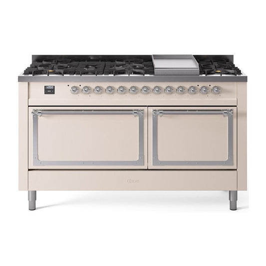 Ilve UN60FQNMPAWCLP Ilve Un60Fqnmpawclp Nostalgie Ii Noblesse 60" Dual Fuel Range (9 Sealed Burners + Griddle, Liquid Propane, Solid Door, Antique White, Chrome)