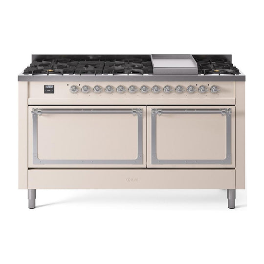 Ilve UN60FQNMPAWCLP Ilve Un60Fqnmpawclp Nostalgie Ii Noblesse 60" Dual Fuel Range (9 Sealed Burners + Griddle, Liquid Propane, Solid Door, Antique White, Chrome)