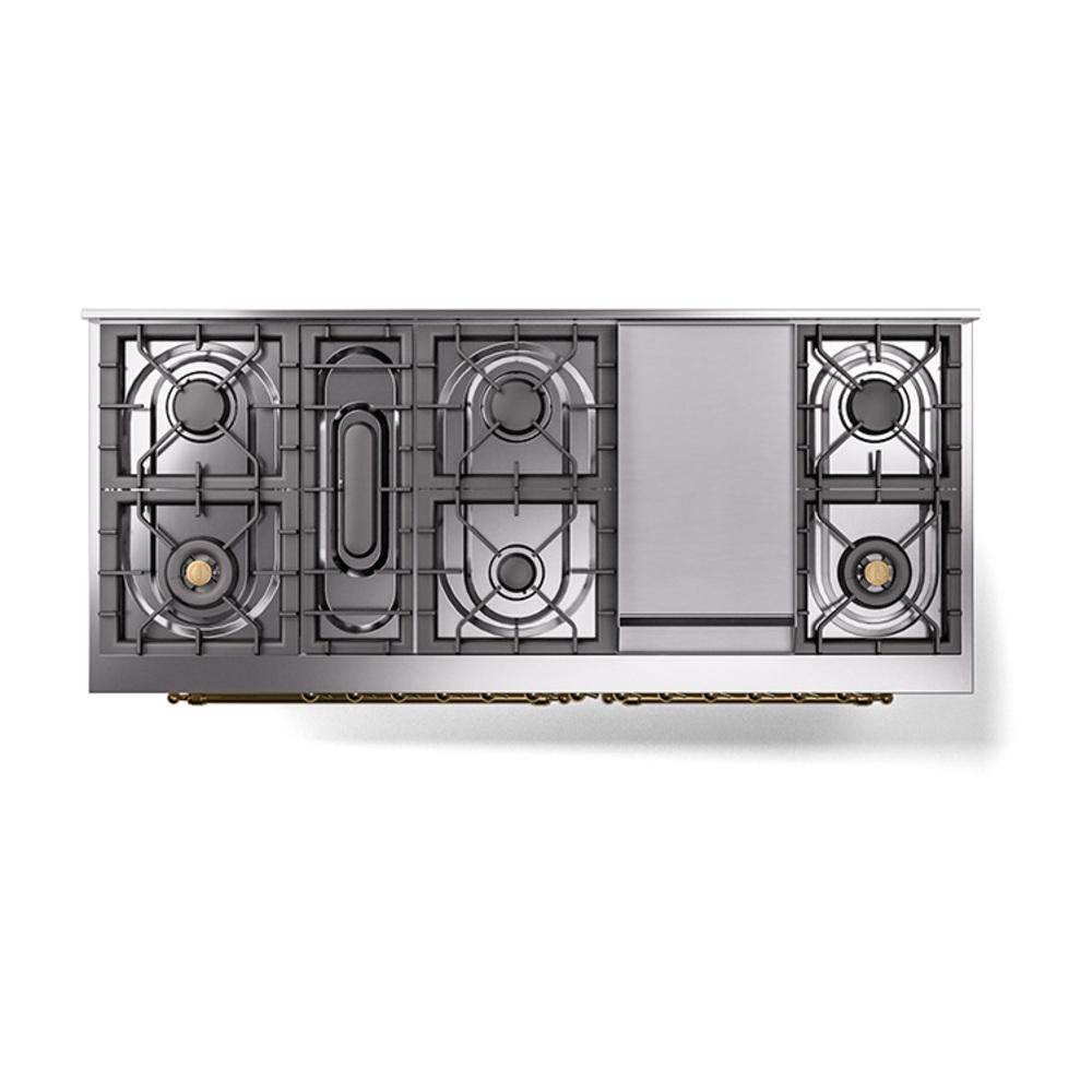 Ilve UN60FNMPAWG Ilve Un60Fnmpawg Nostalgie Ii Noblesse 60" Dual Fuel Range (9 Sealed Burners + Griddle, Natural Gas, Triple Glass Door, Antique White, Brass)