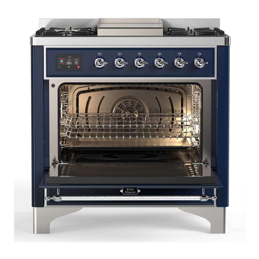 Ilve UM36FNR3MBC Ilve Um36Fnr3Mbc Majestic Iii 36 Inch Dual Fuel Range With 6 Black Brass Burners And Griddle, Dual Function Burner Up To 25,000 Btu (Triple Glass Door, Midnight Blue, Chrome, Natural Gas)