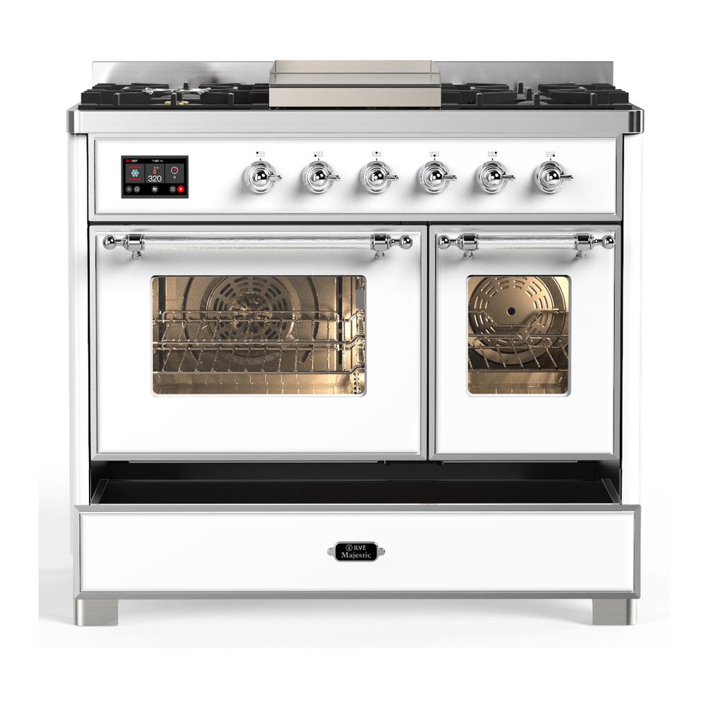Ilve UMD40FNR3WHC Ilve Umd40Fnr3Whc Majestic Iii 40 Inch Dual Fuel Range With 6 Burners And Griddle, Dual Function Burner Up To 25,000 Btu (Natural Gas, Triple Glass Door, White, Chrome)