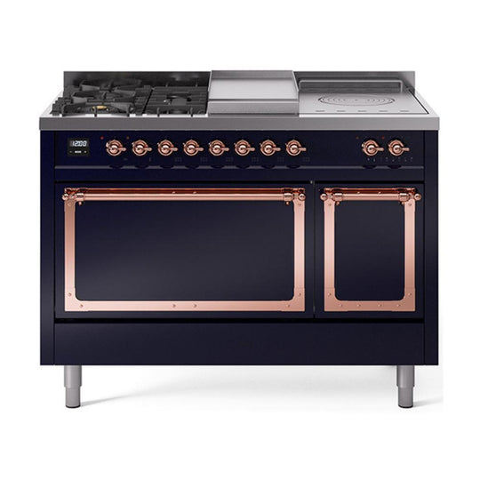 Ilve UN48FSQNMPMBPLP Ilve Un48Fsqnmpmbplp Nostalgie Ii Noblesse 48" Dual Fuel Range (5 Sealed Burners + Griddle + French Top, Liquid Propane, Solid Door, Midnight Blue, Copper)