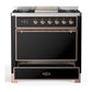 Ilve UM36FQNR3BKPLP Ilve Um36Fqnr3Bkplp Majestic Iii 36 Inch Dual Fuel Range With 6 Black Brass Burners And Griddle, Dual Function Burner Up To 25,000 Btu (Solid Door, Glossy Black, Copper, Liquid Propane)