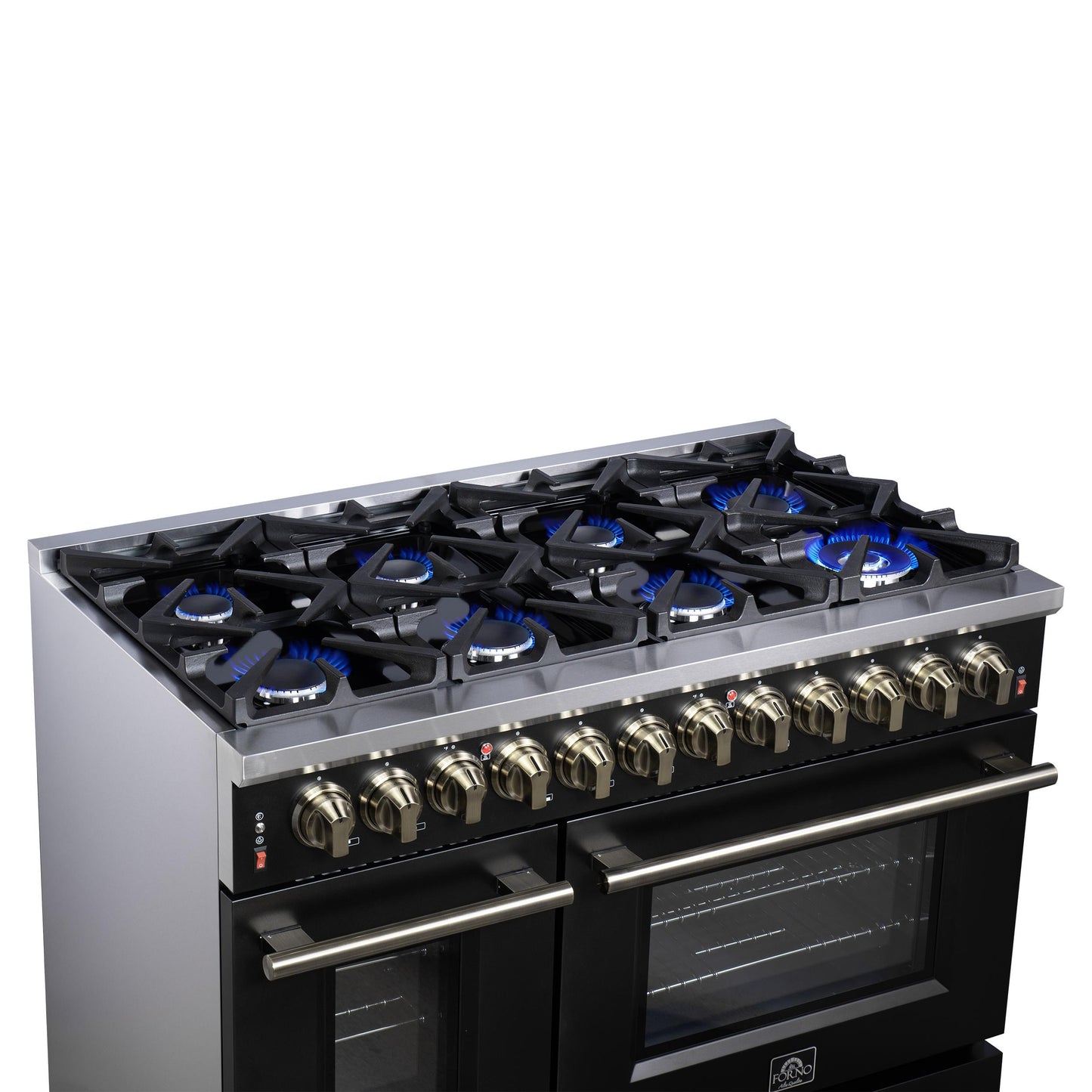 Forno FFSGS612548BLK Forno Massimo 48 Inch Freestanding Dual Fuel Range In Black With Antique Brass Accessories, 8 Burners, 6.58 Cu. Ft. Convection Oven