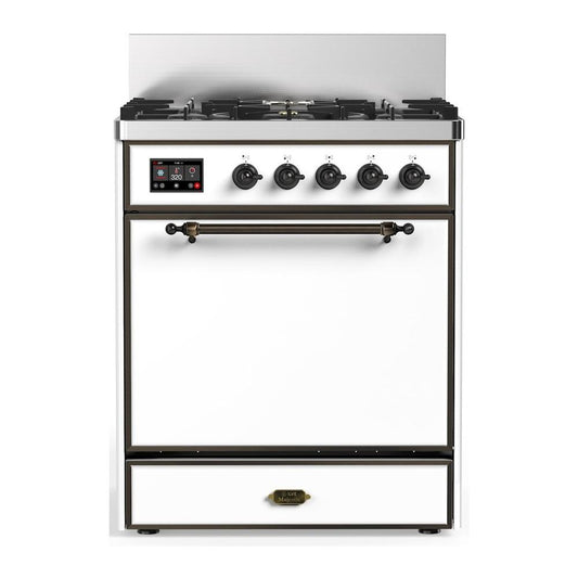 Ilve UM30QNR3WHBLP Ilve Um30Qnr3Whblp Majestic Iii 30 Inch Dual Fuel Range With 5 Black Brass Burners, Dual Function Burner Up To 25,000 Btu (Liquid Propane, Solid Door, White, Burnished)