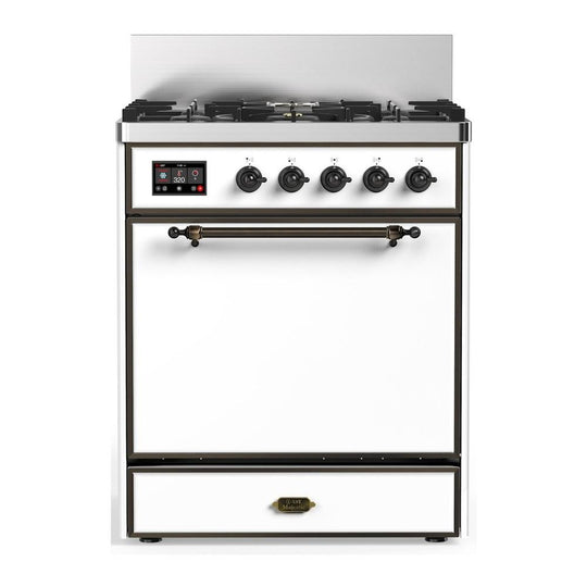 Ilve UM30QNR3WHBLP Ilve Um30Qnr3Whblp Majestic Iii 30 Inch Dual Fuel Range With 5 Black Brass Burners, Dual Function Burner Up To 25,000 Btu (Liquid Propane, Solid Door, White, Burnished)