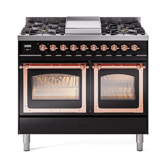 Ilve UND40FNMPBKPLP Ilve Und40Fnmpbkplp Nostalgie Ii Noblesse 40" Dual Fuel Range (Liquid Propane, Triple Glass Door, Glossy Black, Copper)