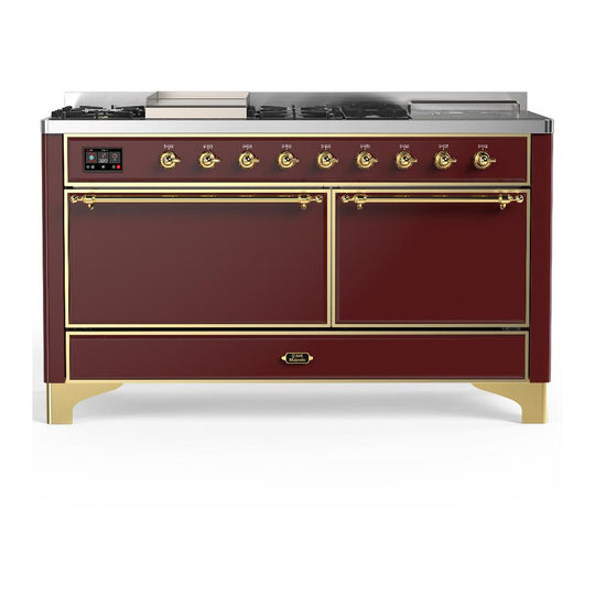 Ilve UM60FSQNR3BUGLP Ilve Um60Fsqnr3Buglp Majestic Iii 60 Inch Dual Fuel Range With 7 Burners, Griddle And French Top, Dual Function Burner With Up To 25,000 Btu (Liquid Propane, Solid Door, Burgundy, Brass)