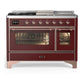 Ilve UM48FSNR3BUP Ilve Um48Fsnr3Bup Majestic Iii 48 Inch Dual Fuel Range With 5 Black Brass Burners, Griddle And French Top, Dual Function Burner Up To 25,000 Btu (Natural Gas, Triple Glass Door, Burgundy, Copper)