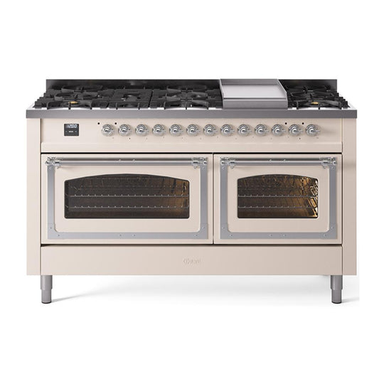 Ilve UN60FNMPAWCLP Ilve Un60Fnmpawclp Nostalgie Ii Noblesse 60" Dual Fuel Range (9 Sealed Burners + Griddle, Liquid Propane, Triple Glass Door, Antique White, Chrome)