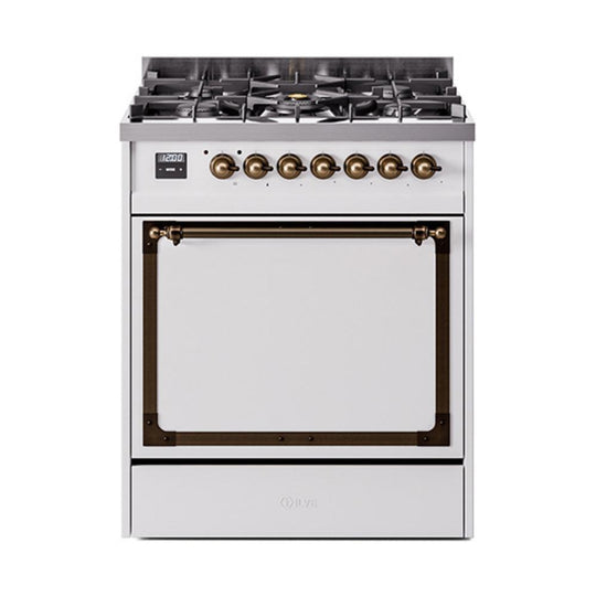 Ilve UN30QNMPWHBLP Ilve Un30Qnmpwhblp Nostalgie Ii Noblesse 30" Dual Fuel Range (Liquid Propane, Solid Door, White, Burnished)