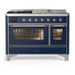 Ilve UM48FSNR3MBC Ilve Um48Fsnr3Mbc Majestic Iii 48 Inch Dual Fuel Range With 5 Black Brass Burners, Griddle And French Top, Dual Function Burner Up To 25,000 Btu (Natural Gas, Triple Glass Door, Midnight Blue, Chrome)