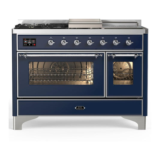 Ilve UM48FSNR3MBC Ilve Um48Fsnr3Mbc Majestic Iii 48 Inch Dual Fuel Range With 5 Black Brass Burners, Griddle And French Top, Dual Function Burner Up To 25,000 Btu (Natural Gas, Triple Glass Door, Midnight Blue, Chrome)