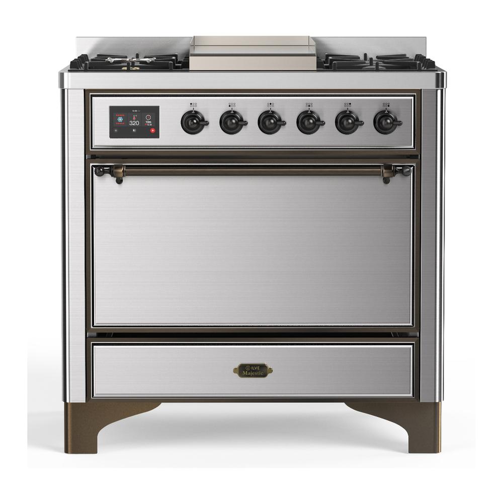 Ilve UM36FQNR3SSB Ilve Um36Fqnr3Ssb Majestic Iii 36 Inch Dual Fuel Range With 6 Black Brass Burners And Griddle, Dual Function Burner Up To 25,000 Btu (Solid Door, Stainless Steel, Burnished, Natural Gas)