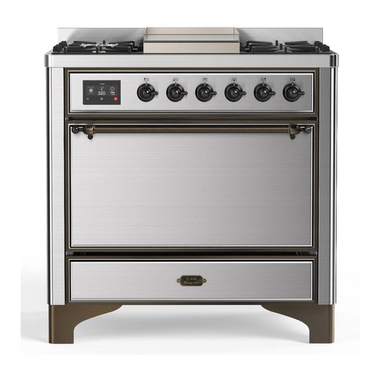 Ilve UM36FQNR3SSB Ilve Um36Fqnr3Ssb Majestic Iii 36 Inch Dual Fuel Range With 6 Black Brass Burners And Griddle, Dual Function Burner Up To 25,000 Btu (Solid Door, Stainless Steel, Burnished, Natural Gas)