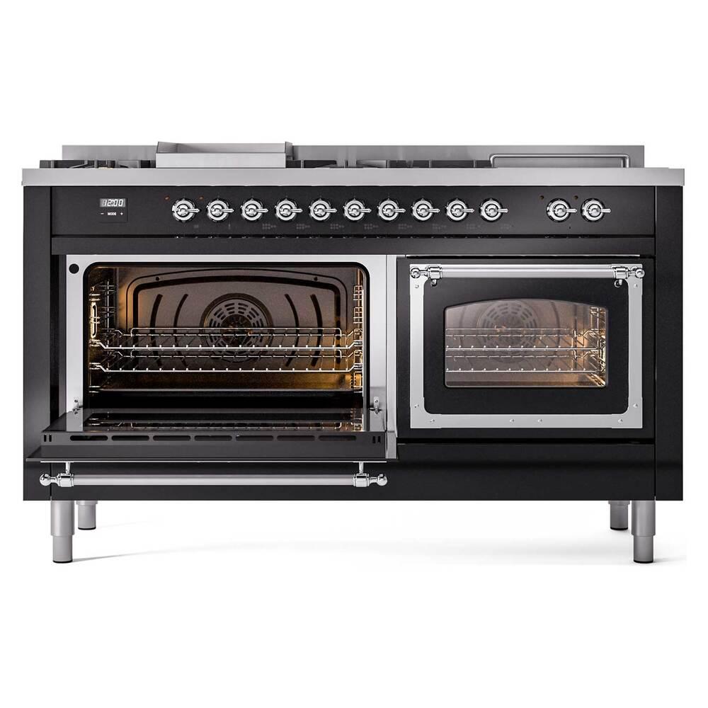 Ilve UN60FSNMPBKC Ilve Un60Fsnmpbkc Nostalgie Ii Noblesse 60" Dual Fuel Range (7 Sealed Burners + Griddle + French Top, Natural Gas, Triple Glass Door, Glossy Black, Chrome)