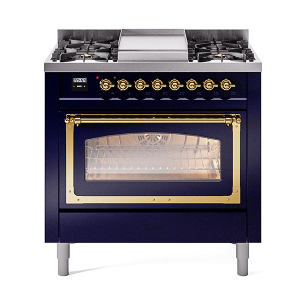 Ilve UN36FNMPMBGLP Ilve Un36Fnmpmbglp Nostalgie Ii Noblesse 36" Dual Fuel Range (Liquid Propane, Triple Glass Door, Midnight Blue, Brass)