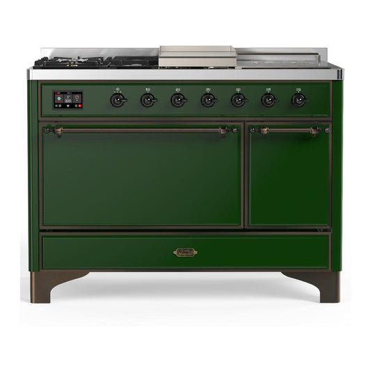 Ilve UM48FSQNR3EGBLP Ilve Um48Fsqnr3Egblp Majestic Iii 48 Inch Dual Fuel Range With 5 Black Brass Burners, Griddle And French Top, Dual Function Burner Up To 25,000 Btu (Liquid Propane, Solid Door, Emerald Green, Burnished)