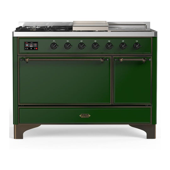 Ilve UM48FSQNR3EGBLP Ilve Um48Fsqnr3Egblp Majestic Iii 48 Inch Dual Fuel Range With 5 Black Brass Burners, Griddle And French Top, Dual Function Burner Up To 25,000 Btu (Liquid Propane, Solid Door, Emerald Green, Burnished)