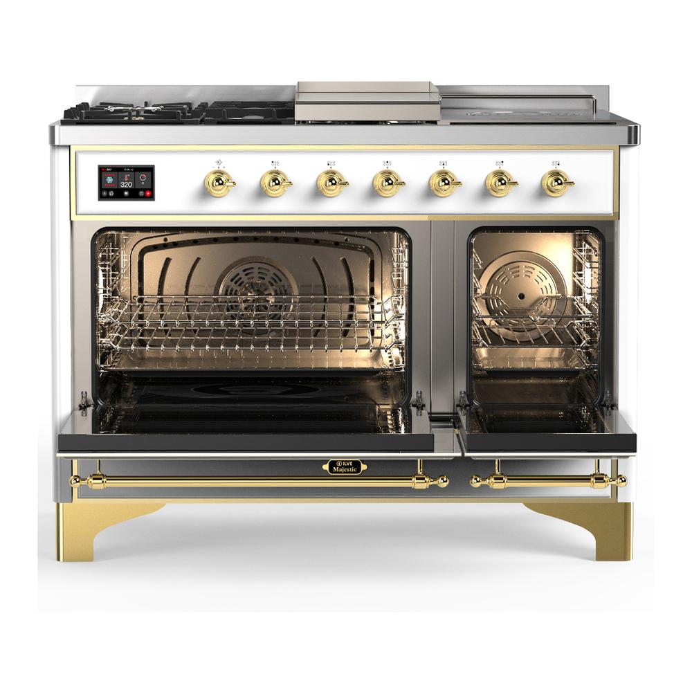 Ilve UM48FSNR3WHGLP Ilve Um48Fsnr3Whglp Majestic Iii 48 Inch Dual Fuel Range With 5 Black Brass Burners, Griddle And French Top, Dual Function Burner Up To 25,000 Btu (Liquid Propane, Triple Glass Door, White, Brass)