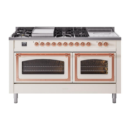 Ilve UN60FSNMPAWPLP Ilve Un60Fsnmpawplp Nostalgie Ii Noblesse 60" Dual Fuel Range (7 Sealed Burners + Griddle + French Top, Liquid Propane, Triple Glass Door, Antique White, Copper)