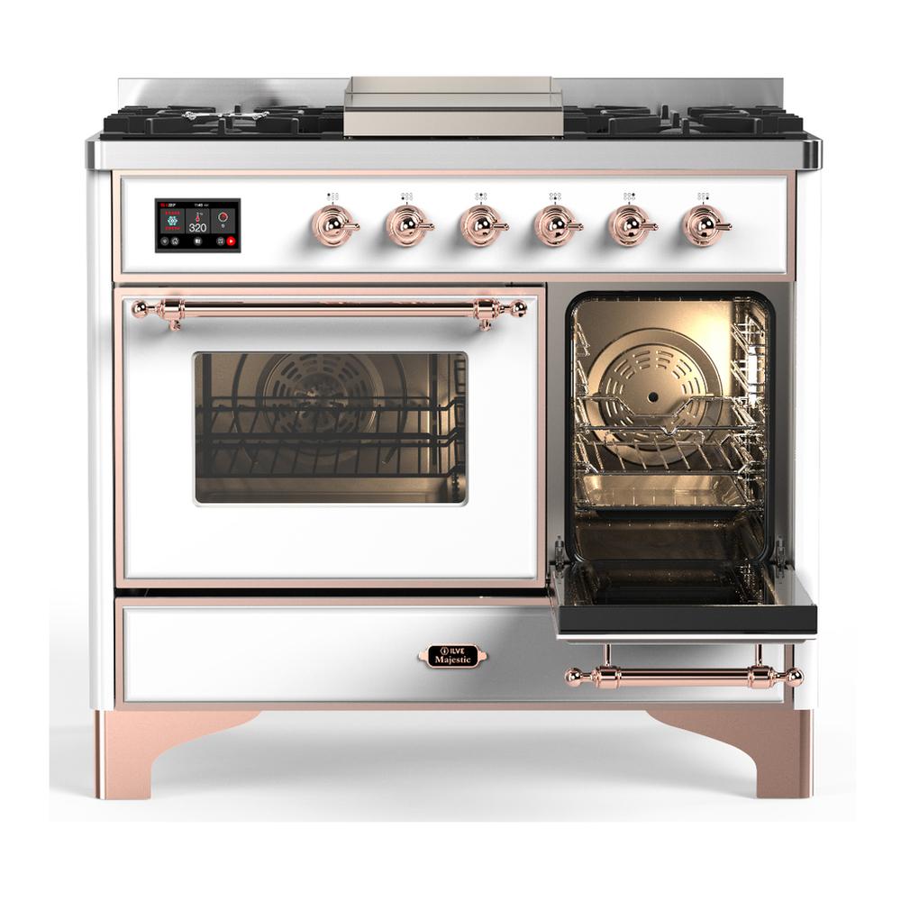 Ilve UMD40FNR3WHPLP Ilve Umd40Fnr3Whplp Majestic Iii 40 Inch Dual Fuel Range With 6 Burners And Griddle, Dual Function Burner Up To 25,000 Btu (Liquid Propane, Triple Glass Door, White, Copper)