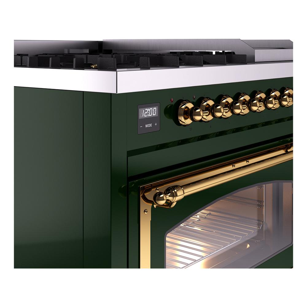 Ilve UN48FNMPEGGLP Ilve Un48Fnmpegglp Nostalgie Ii Noblesse 48" Dual Fuel Range (8 Sealed Burners + Griddle, Liquid Propane, Triple Glass Door, Emerald Green, Brass)